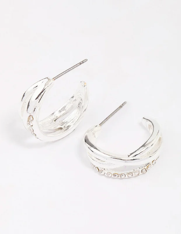 Elegant crystal drop earrings for women-Silver Diamante Multi Twisted Hoop Earrings