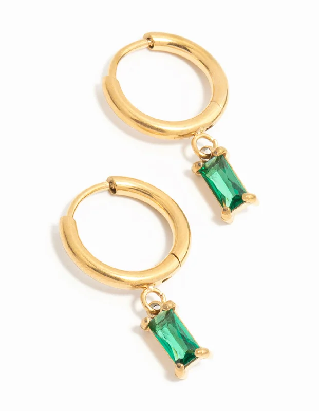 Trendy earrings with mixed metals-Waterproof Gold Plated Stainless Steel Green Baguette Huggie Earrings