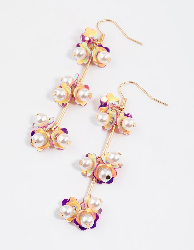 Stunning earrings for women with ruby accents-Pink Sequin Stick Flower Drop Earrings