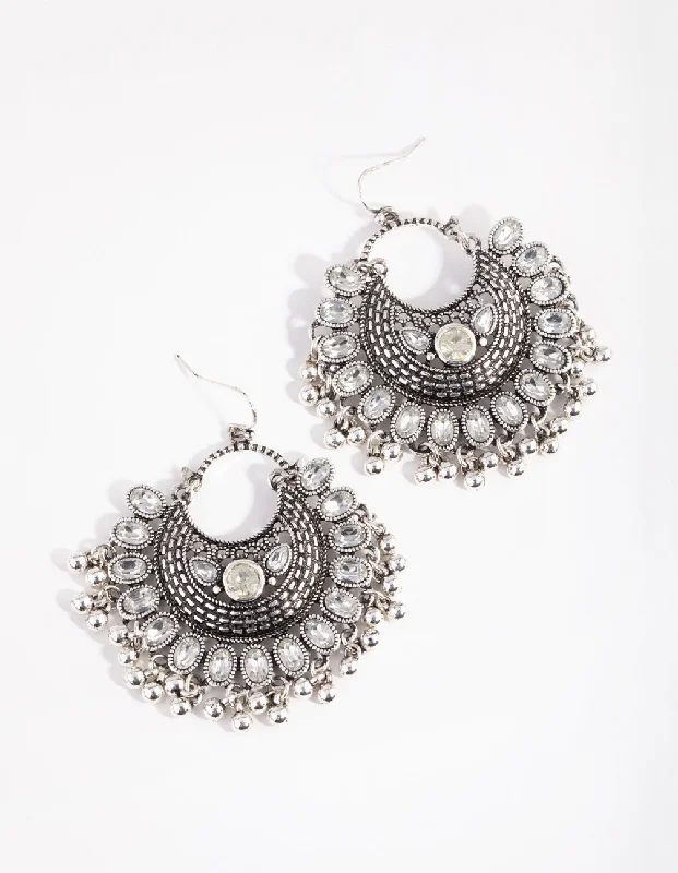 Luxury earrings with ruby stones-Antique Silver Diamante Drop Chandbali Earrings