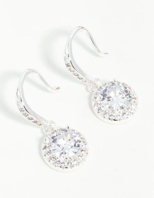 Stunning sterling silver earrings for women-Silver Plated Round Halo Cubic Zirconia Drop Earrings