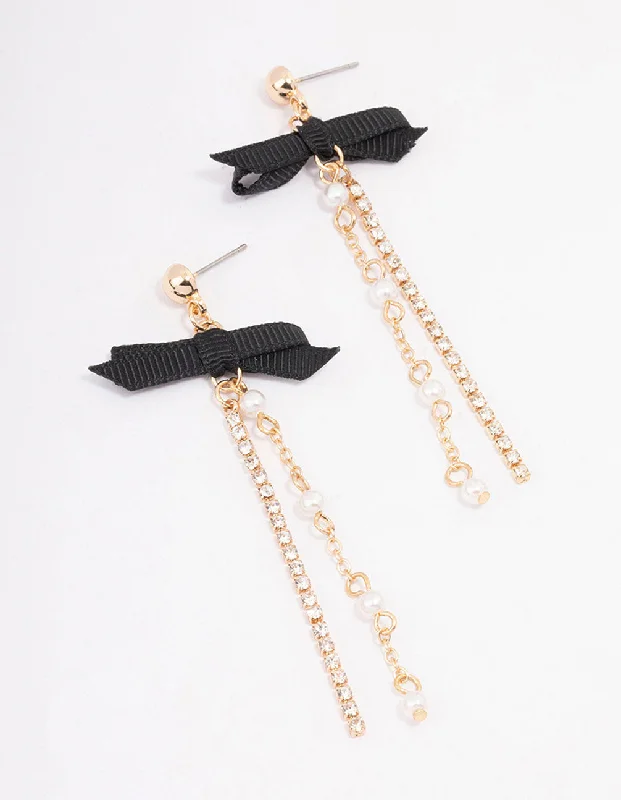 Stylish hoop earrings with diamonds-Black Bow Ball Chain Drop Earrings