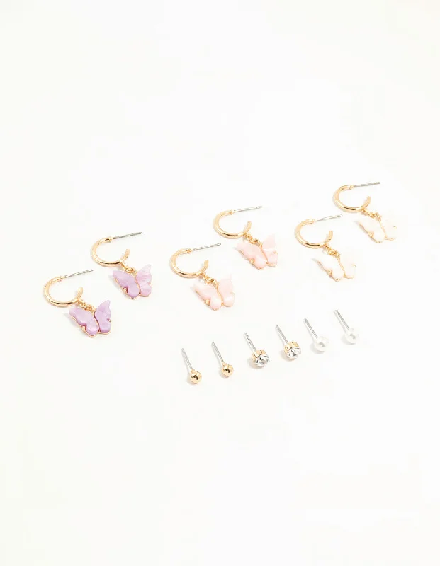 Trendy earrings for women with geometric shapes-Rose Gold Butterfly & Classic Stud Earrings 6-Pack