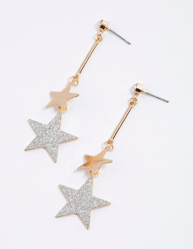 Women’s earrings with heart-shaped designs-Gold Glitter Double Silver Star Drop Earrings