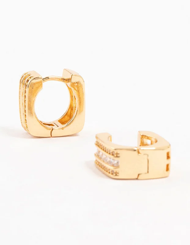 Stunning hoops for women with crystals-Gold Plated Trio Pave Set Diamante  Square Hoop Earrings