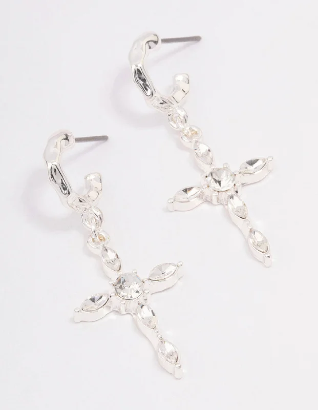 Women’s earrings with minimalistic designs-Silver Diamante Cross Huggie Earrings