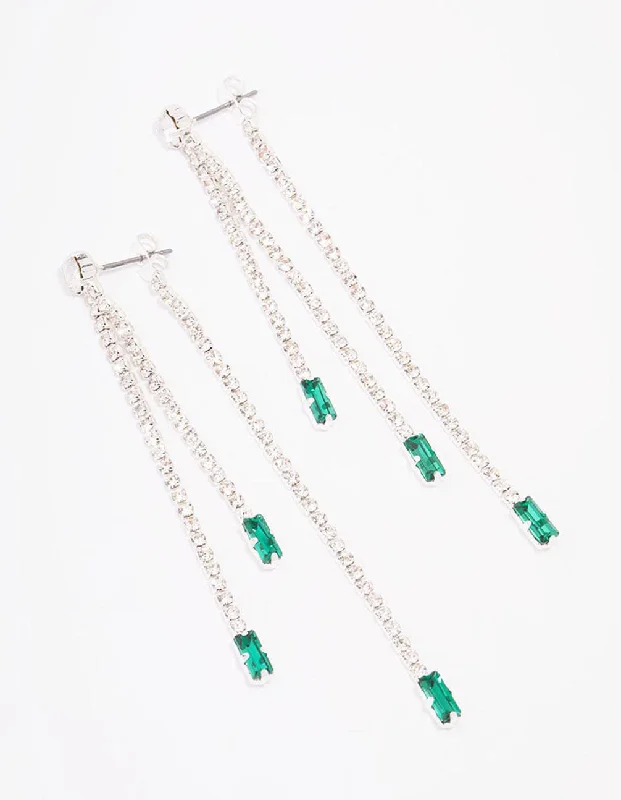 Classic pearl drop earrings for women-Silver Triple Row Emerald Cupchain Drop Earrings