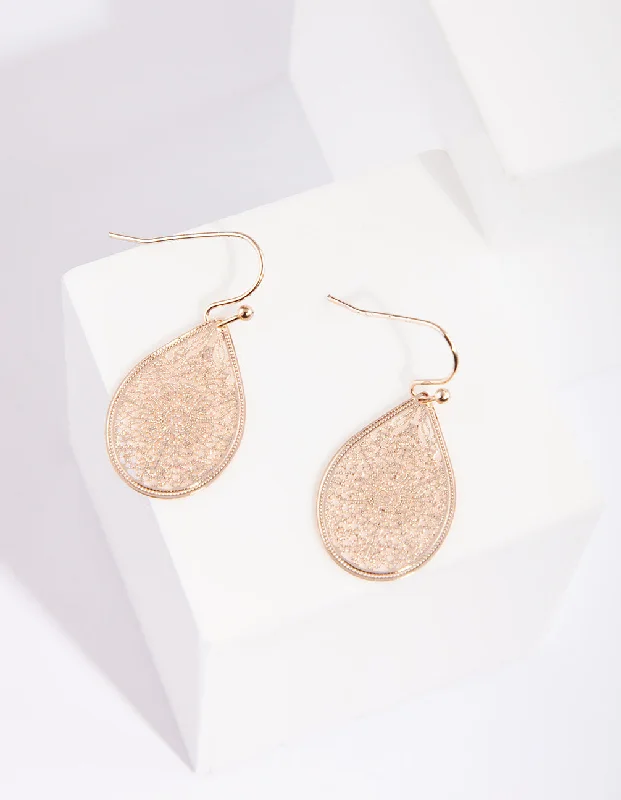 Stylish gold hoop earrings for women-Rose Gold Filigree Lace Tear Drop Earrings