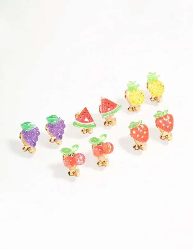 Trendy earrings with mixed metals-Gold Fruit Salad Clip On Earrings 5-Pack