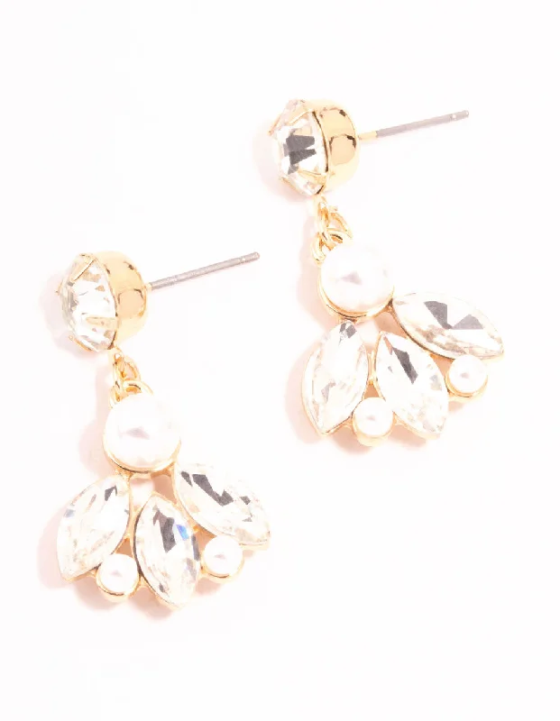 Personalized gold earrings for women-Gold Diamante & Pearl Marquise Drop Earrings