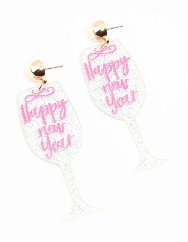 Classic stud earrings for women-Happy New Year Glass Acrylic Drop Earrings