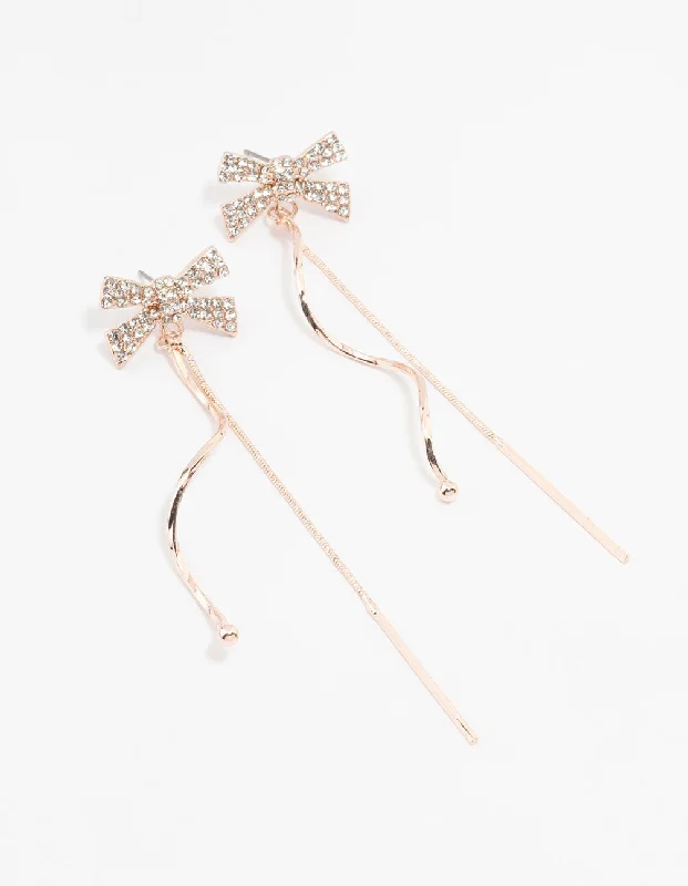 Elegant crystal drop earrings for women-Rose Gold Diamante Bow Swirl Drop Earrings