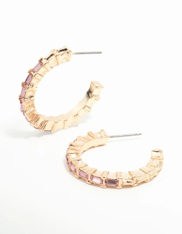 Trendy hoop earrings for ladies-Gold Pink Baguette Diamante Hoop Earrings