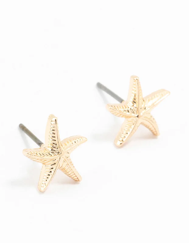 Simple silver drop earrings for women-Gold Starfish Stud Earrings