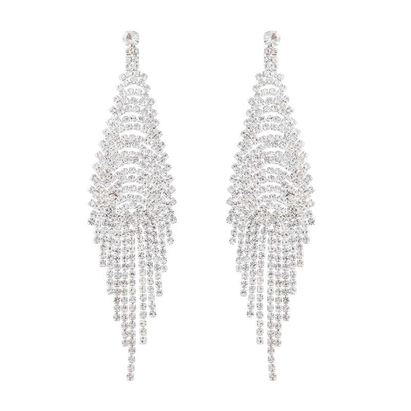 Trendy earrings with gold accents-Silver Cup Chain Diamante Fringe Drape Earrings