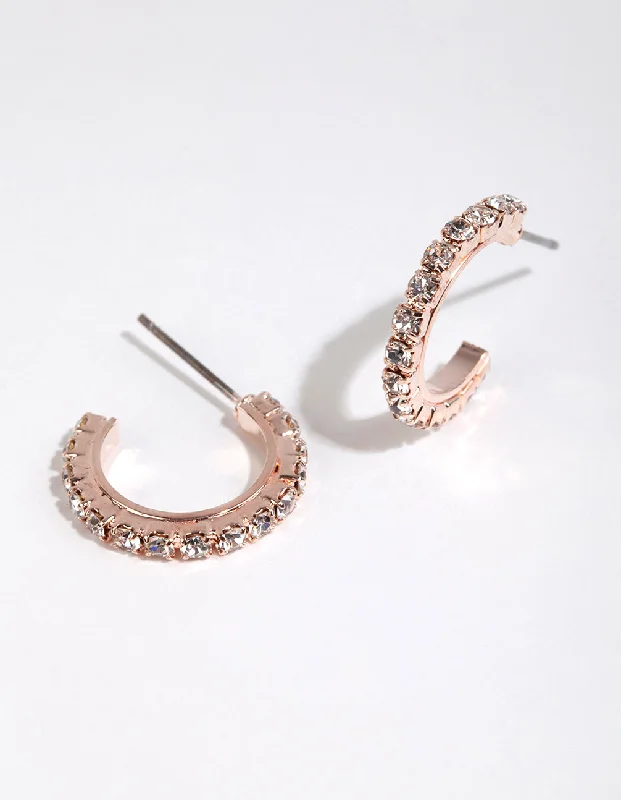 Beautiful silver earrings with diamond accents-Rose Gold Riased Diamante Huggie Hoop Earrings