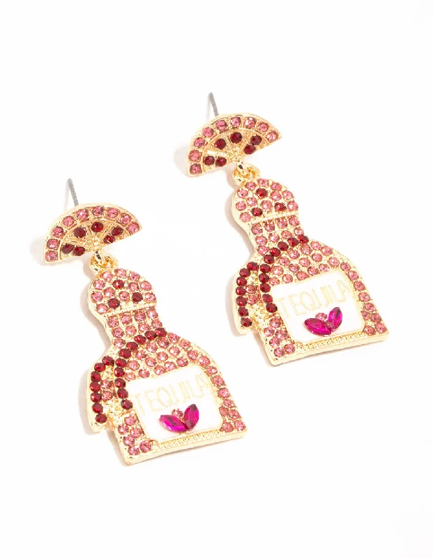 Women’s earrings with artistic designs-Pink Diamante Tequila Bottle Drop Earrings