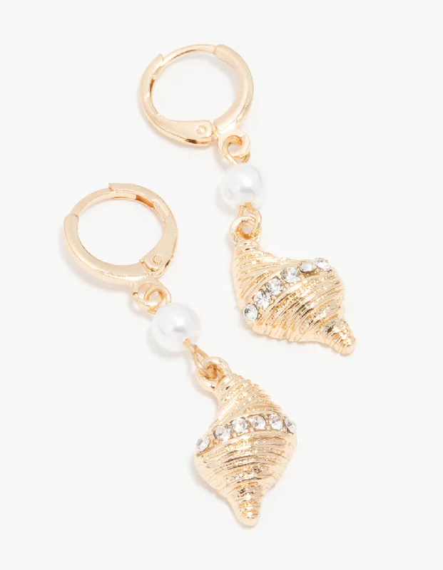 Beautiful gold earrings with diamonds-Gold Pearl & Shell Huggie Drop Earrings