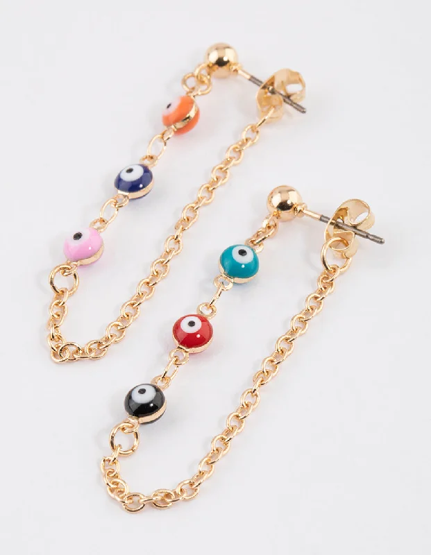 Chic earrings for women with crystal details-Gold Multi Evil Eye Chain Earrings