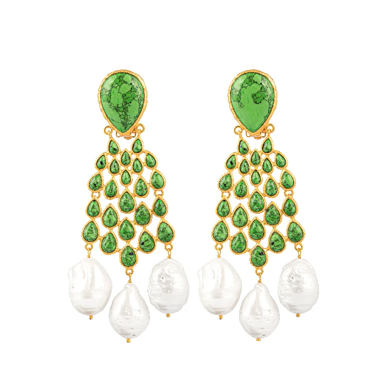 Affordable gold-plated earrings for women-Euphoria Earrings Green Turquoise & Baroque Pearls