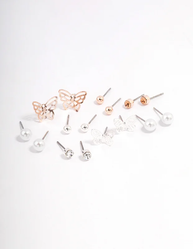 Simple silver drop earrings for women-Rose Gold Basic Stud & Butterfly Earrings 8-Pack