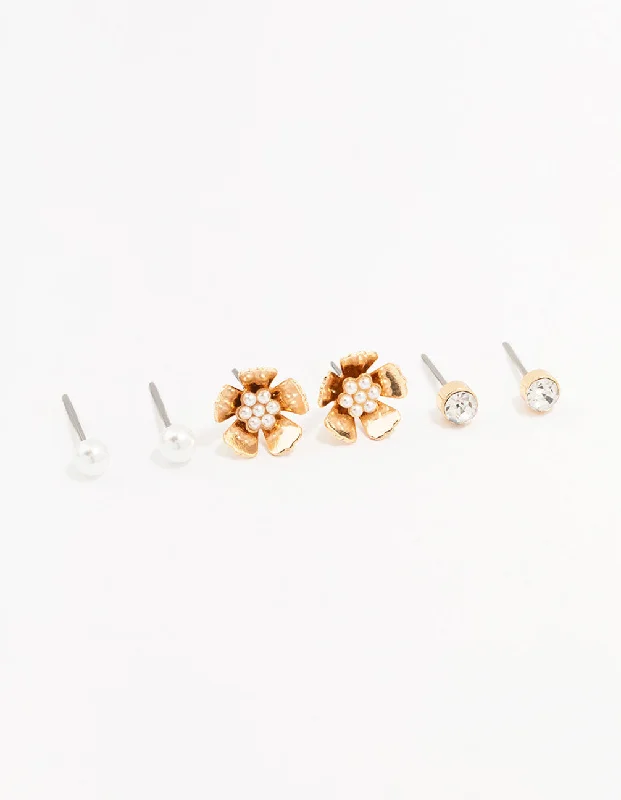 Personalized earrings with birthstones for women-Gold Pearl Flower Stud Earrings 3-Pack