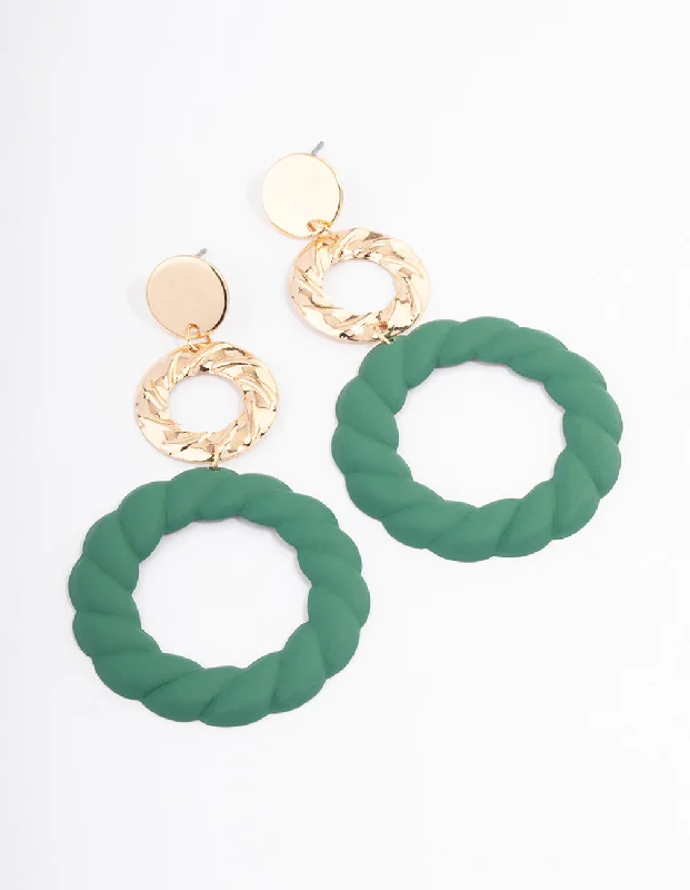 Affordable earrings for women with crystal accents-Green Donut Rope Drop Earrings