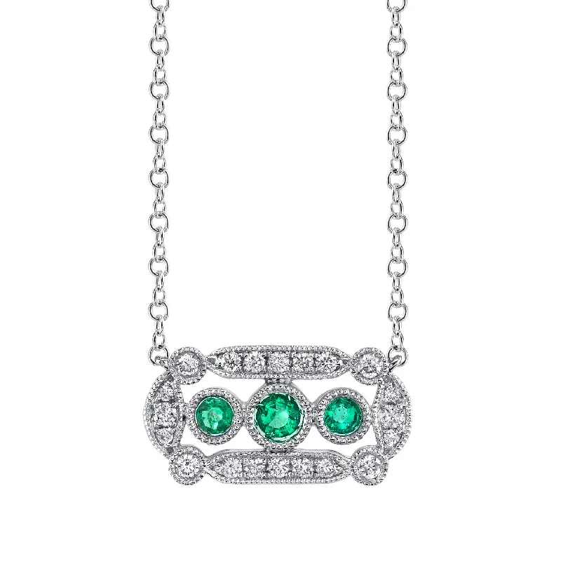 Stunning necklaces with cubic zirconia-14K White Gold 0.21ct. Emerald & 0.14ct. Diamond Filigree Detailing Fashion Necklace