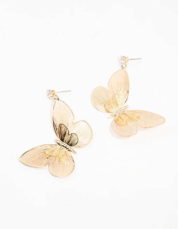 Women’s earrings with spiral designs-Gold Lazercut Butterfly Drop Earrings