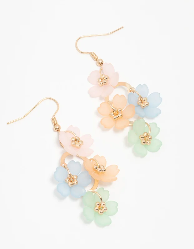 Chic earrings with diamond embellishments-Gold Multicoloured Frosted Flower Drop Earrings