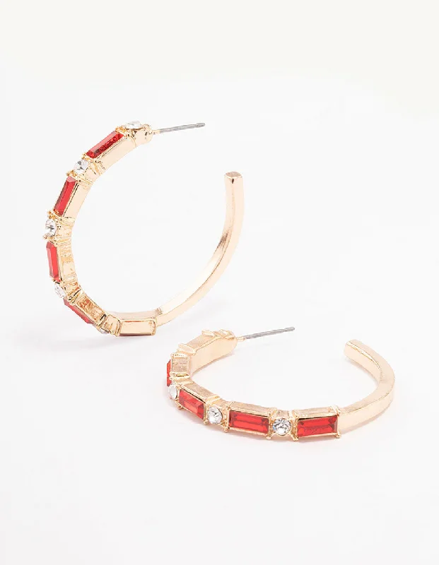 Women’s earrings with floral designs-Gold Baguette Red Hoop Earrings