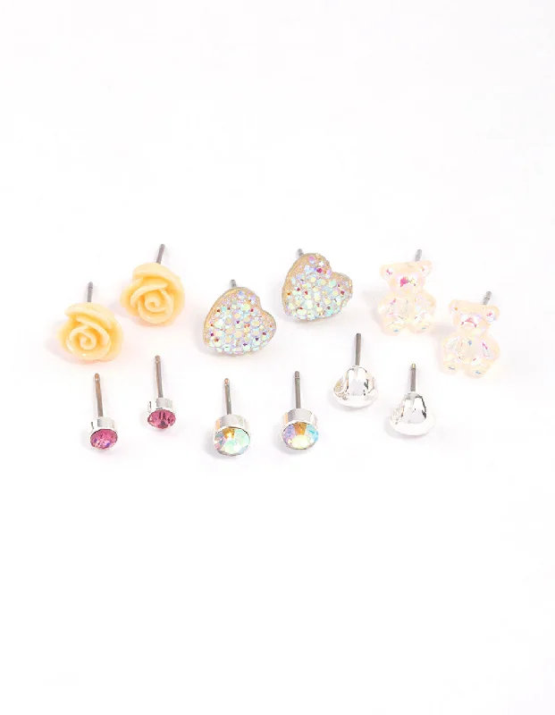 Elegant hoops for women with diamonds-Kids Diamante Rose & Heart Stud Earrings 6-Pack