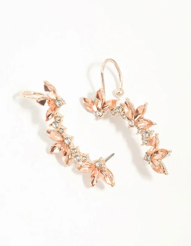 Custom earrings for women with birthstones-Rose Gold Diamante Leaf Ear Cuff