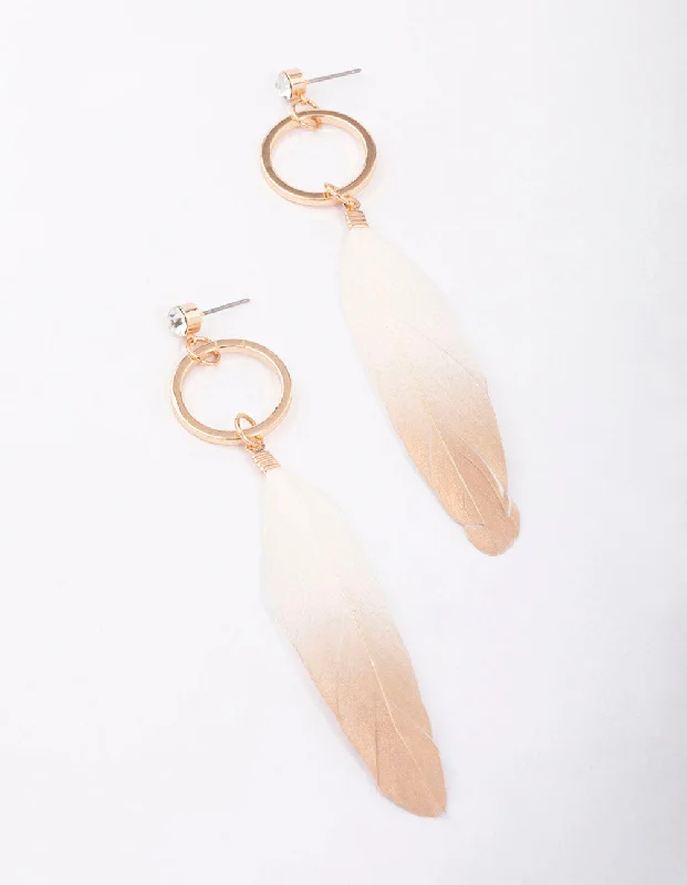 Classic stud earrings for women-Gold Diamante Ring Feather Drop Earrings