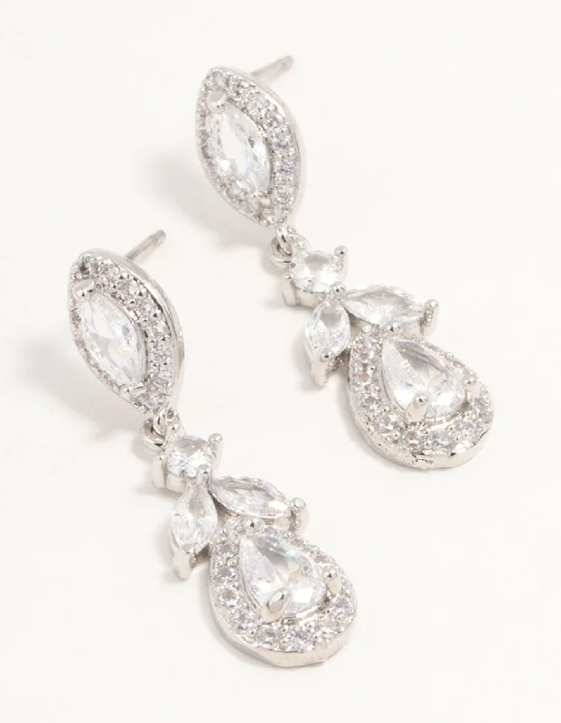 Stunning diamond earrings for women-Silver Cubic Zirconia Halo Drop Earrings