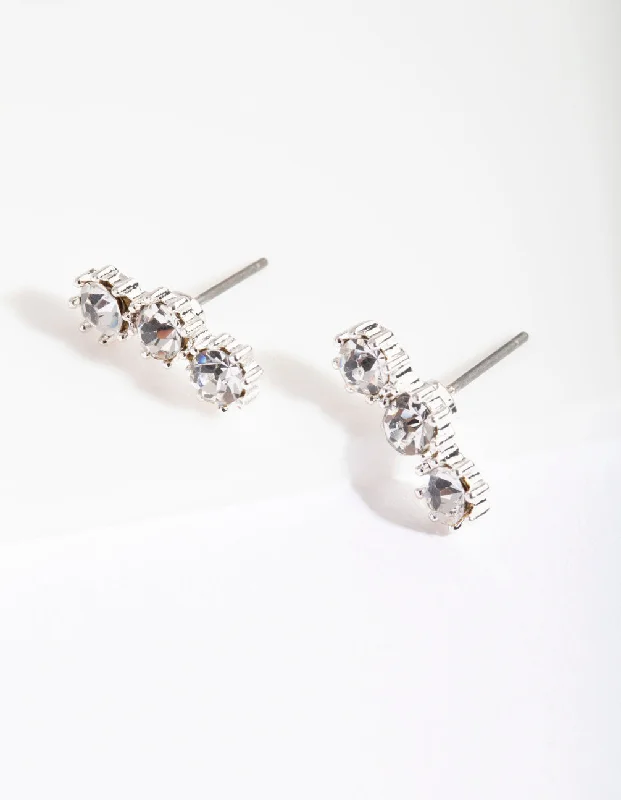 Stunning ruby earrings for women-Silver 3 Crystal Crawler Stud Earrings