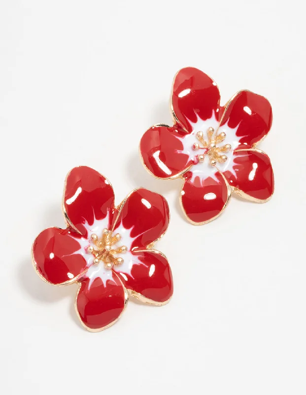 Women’s earrings with bright gemstone colors-Gold Red Frangipani Stud Earrings