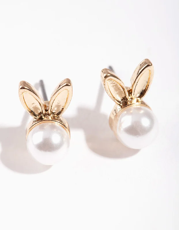 Women’s earrings with minimalistic designs-Gold & Pearl Bunny Stud Earrings