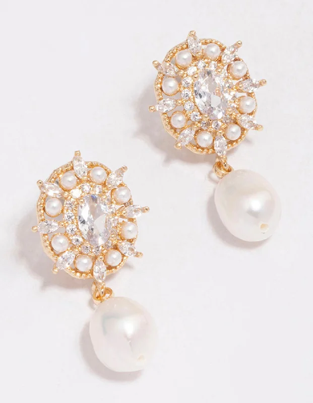 Beautiful silver earrings with diamond accents-Gold Plated Freshwater Pearl Halo Drop Earrings