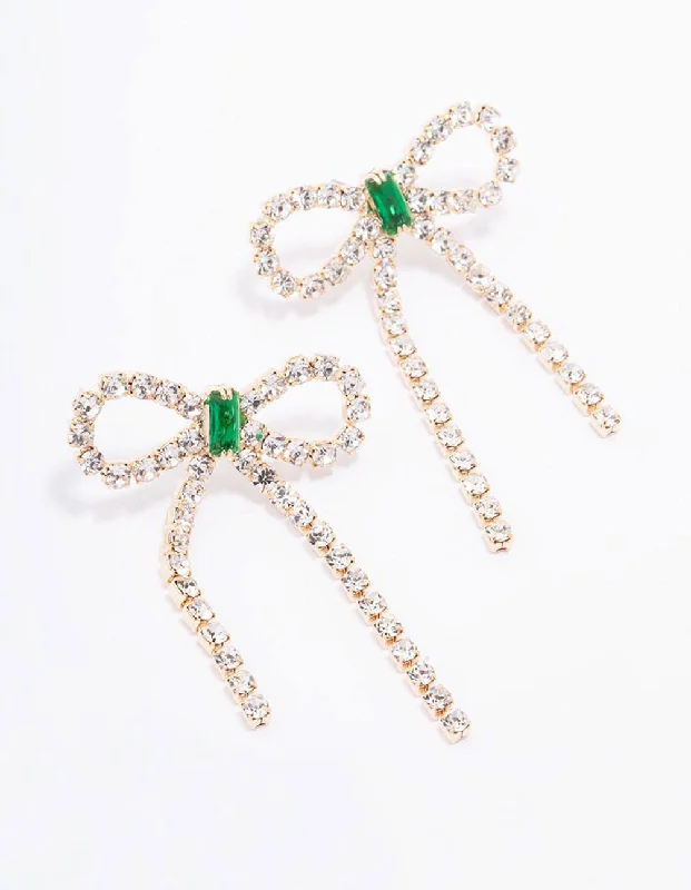 Elegant pearl earrings with silver accents-Gold Diamante Emerald Bow Drop Earrings