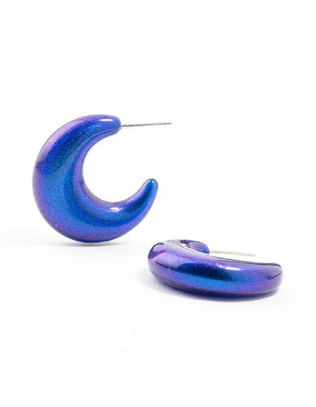 Stylish hoop earrings with diamonds-Dark Blue Coated Glitter Crescent Hoop Earrings