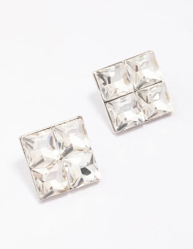 Women’s earrings with spiral designs-Silver Square Diamante Stud Earrings