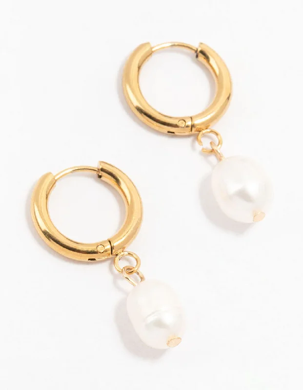 Statement earrings for women with large gemstones-Waterproof Gold Plated Stainless Steel Freshwater Pearl Drop Huggie Earrings