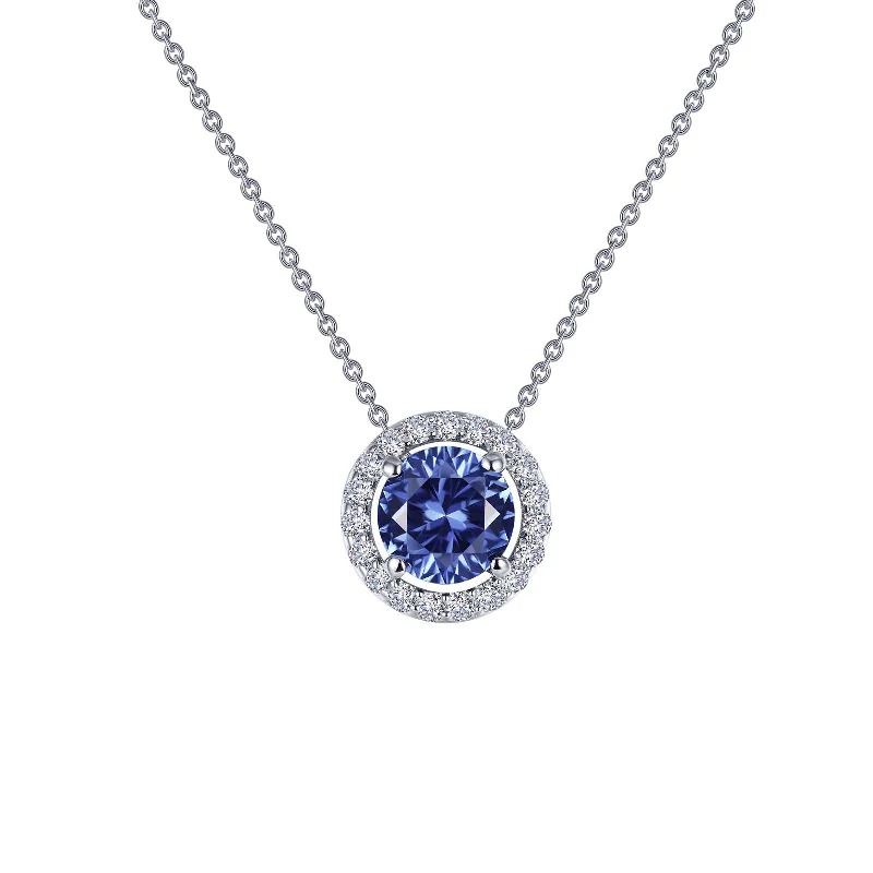 Bohemian-style necklaces for women-Lafonn Simulated Diamond and Tanzanite Round Halo Necklace N0104CTP