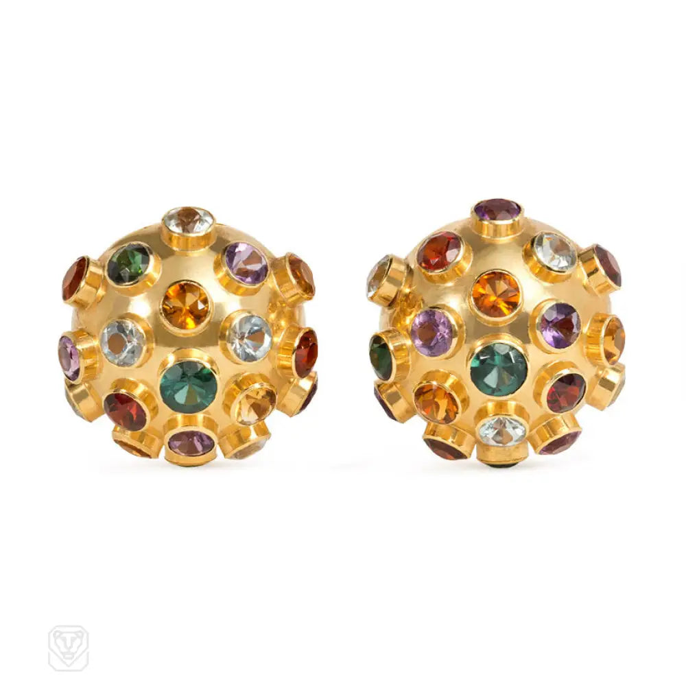 Women’s earrings with bright gemstone colors-Multigem sputnik clip earrings. H. Stern