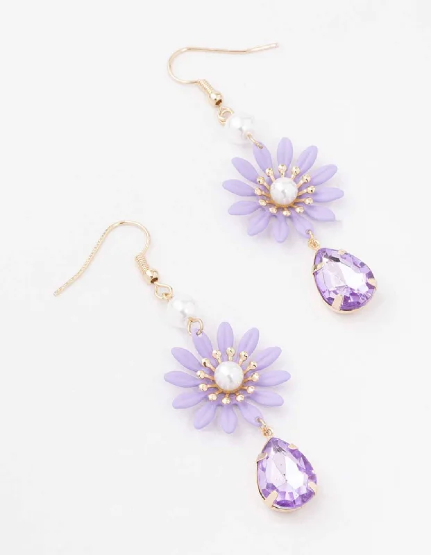 Stylish diamond earrings for women-Purple Flower Pearl Drop Earrings