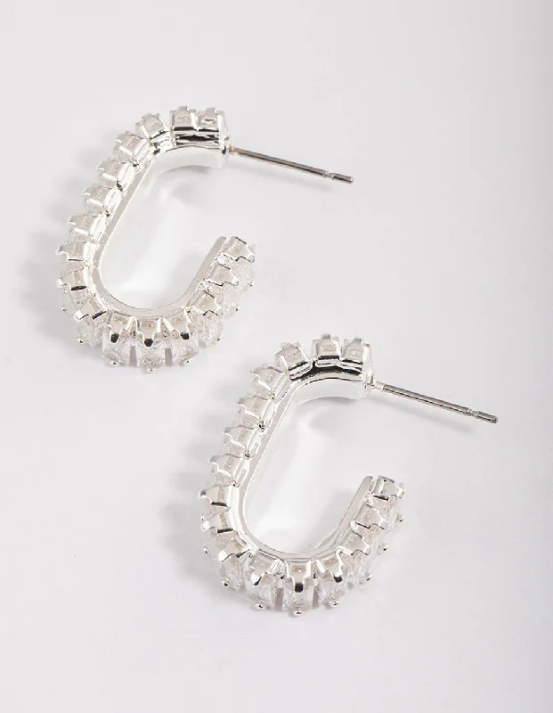 Stunning diamond earrings for women-Silver Plated Oval Horizontal Baguette Hoop Earrings