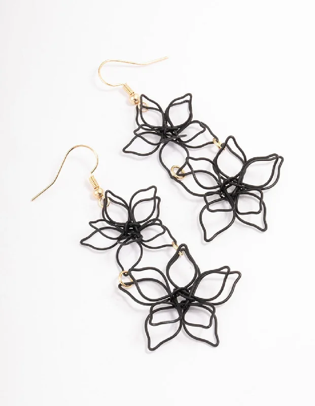 Women’s earrings with floral designs-Black Double Wire Flower Drop Earrings