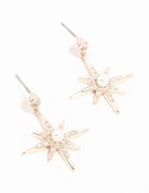 Stunning gemstone earrings for women-Rose Gold Plated Star Crystal Pearl Drop Earrings