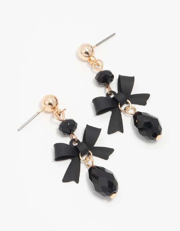 Women’s dangling earrings with gemstones-Gold Black Diamante Bow Drop Earrings